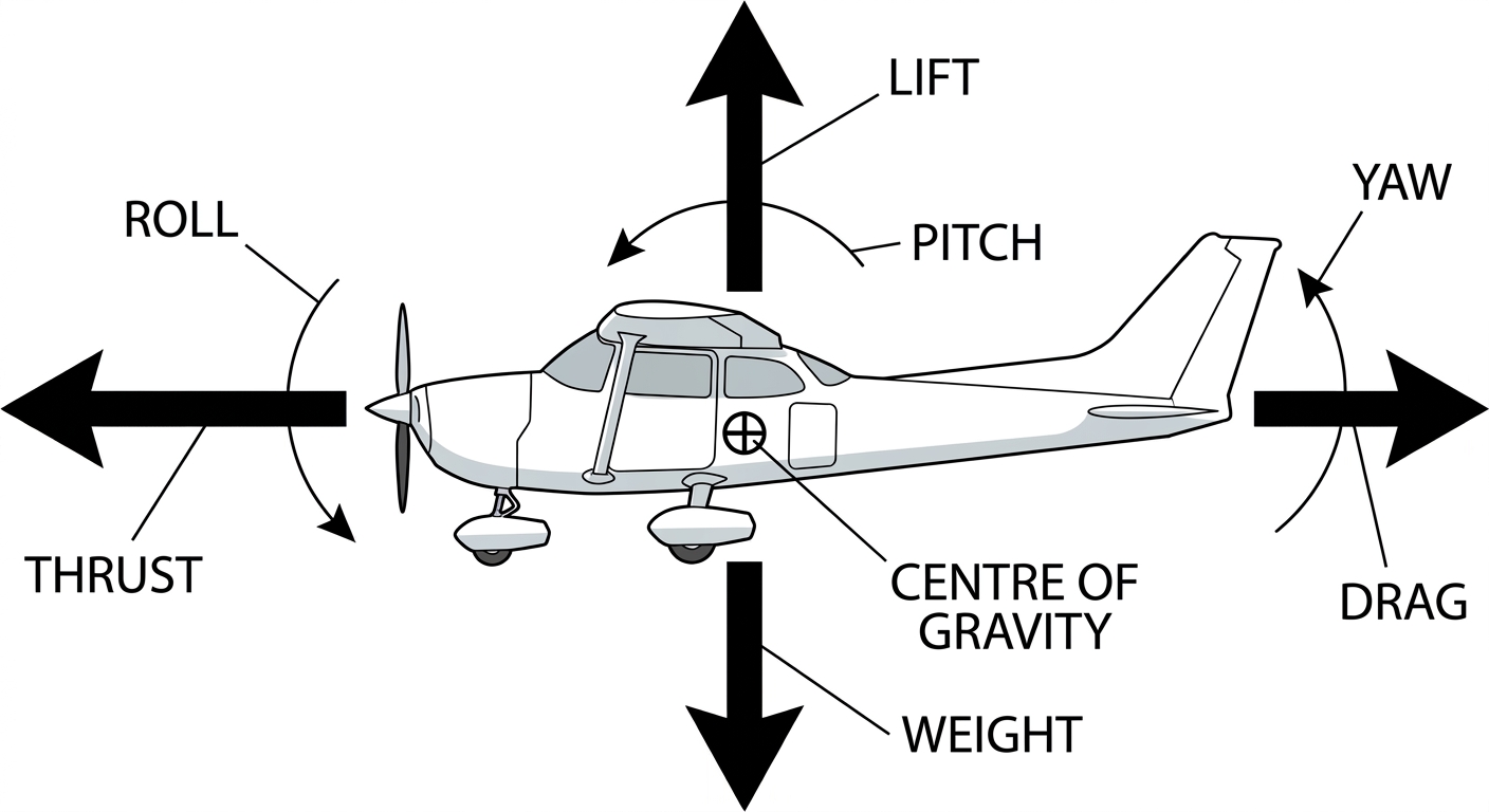 Four forces and three axes